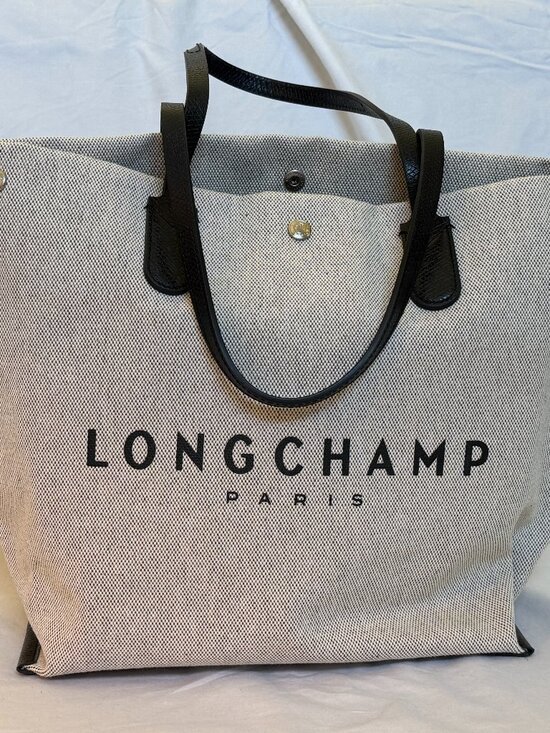 Longchamp Handbags - Longchamp Beige Canvas Tote with Black Leather Handles